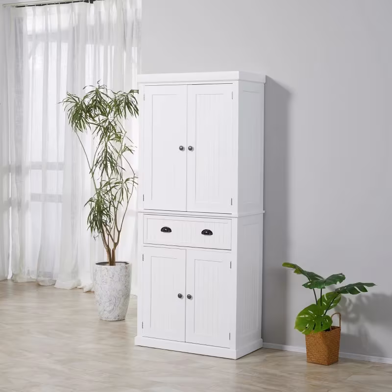 Oakmead Interiors Country Traditional Kitchen Larder Cupboard Freestanding Storage Cabinet With Drawer, Doors & Adjustable Shelves, White
