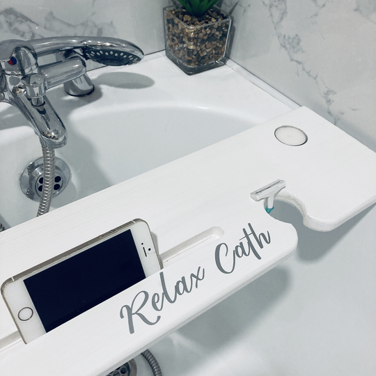 80cm Handmade White Bath Board/Shelf Caddy - Wine Glass Tealights & Phone Slot