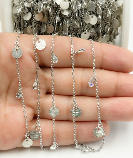 1Ft 5x3mm 925 Silver Zircon Dangle Chain By Foot, Dainty 6mm Round Disc Charm Necklace Chain, Circle Shaker Wholesale Bulk