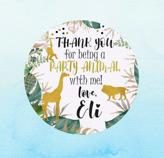 Waterproof Safari Favor Stickers Thank You Jungle Labels Dinosaur Party Animal Green Gold Gift Tags