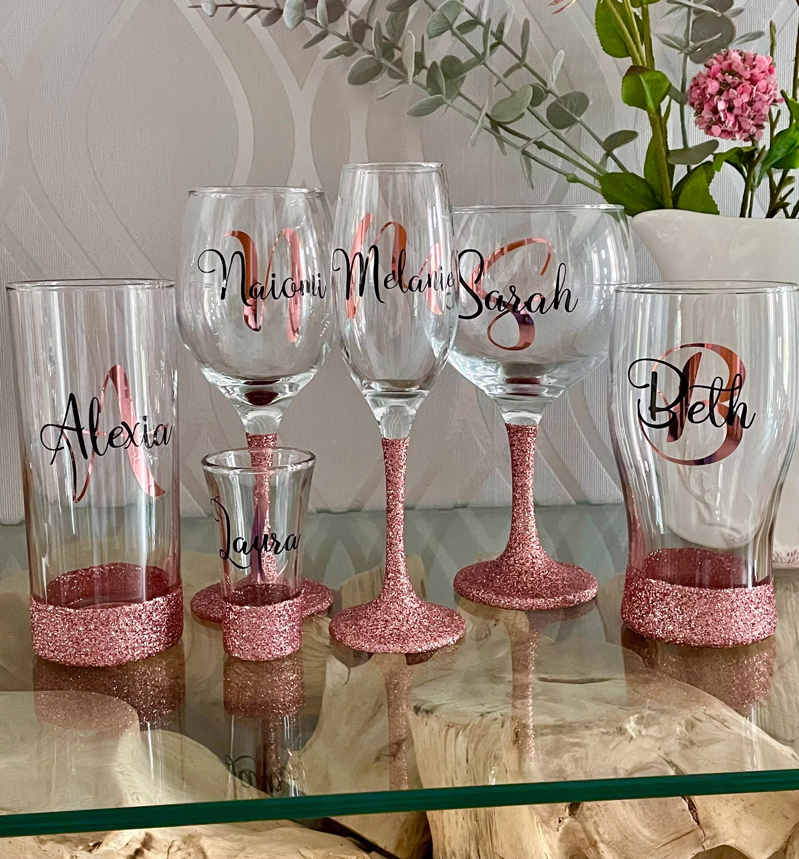 Personalised Glitter Stem Initial Glass| Wine Glass |Lit Bottle|Prosecco Glass| Shot Mixer Glass