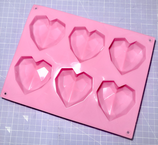 6 Cavity Geometric Diamond Heart Mould/Mold For 3D Valentines Love Soap - Approx 75G Cake, Choc Sweet, Baby Loaf Pink Silicone