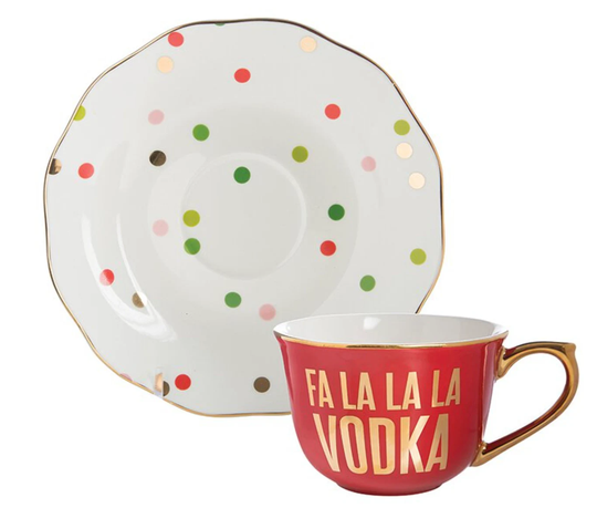 Tea Cup & Saucer Holiday Drinking Christmas Party Set - Fa La Vodka Polka Dot Red Gold White Green Gathering