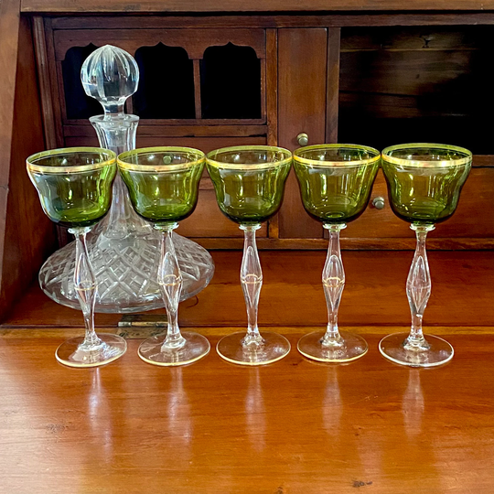 Vintage Green Cocktail Glasses With Bubble Stem, Set Of 5, Goblets, Glassware, Retro Barware