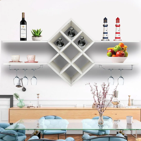 7 Bottle Wall Mounted Wine Bottle & Glass Rack in White