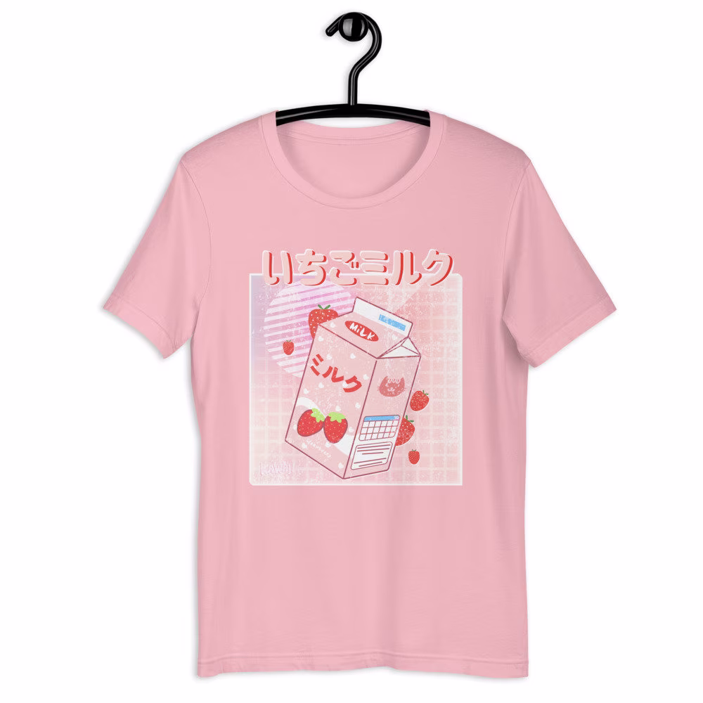 Retro 90's Vaporwave Aesthetic T-Shirt, Japanese Kawaii Strawberry Milk Carton Shirt Pink, Anime Gaming Gift