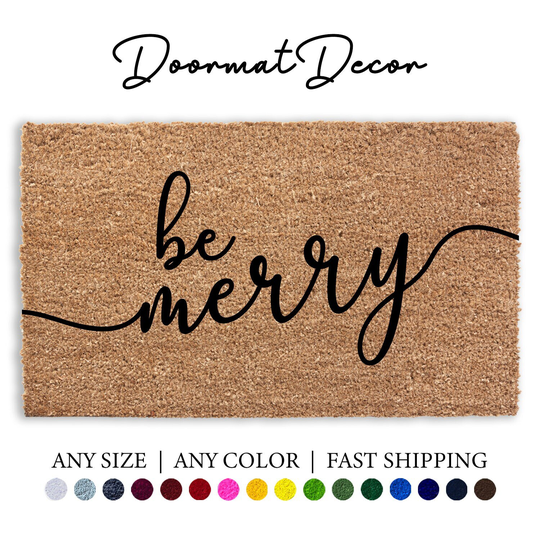 Be Merry Doormat, Christmas Holiday Decor Door Mat, Flocked Coir Welcome Outdoor Entryway Front Rug, Gift