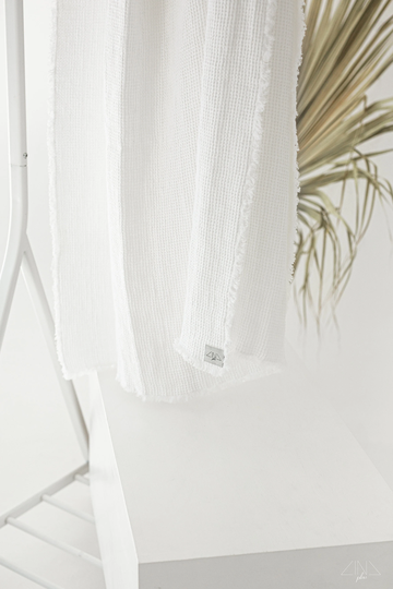 stonewashed Waffle Linen Throw Rawedgia - Raw Edge Short Fringes White Color Eco-Friendly Free Shipping Handmade in Lithuania
