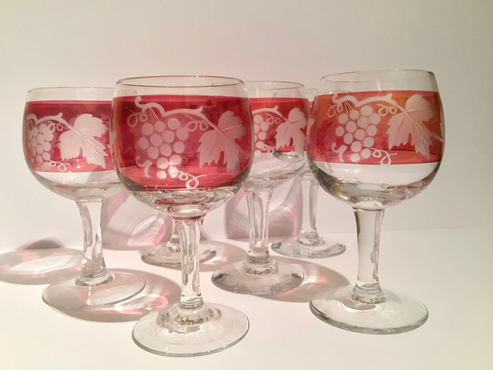 Set Of 6 Wine Glasses, Six Red & White Glasses With Grape Pattern, Austrian Style