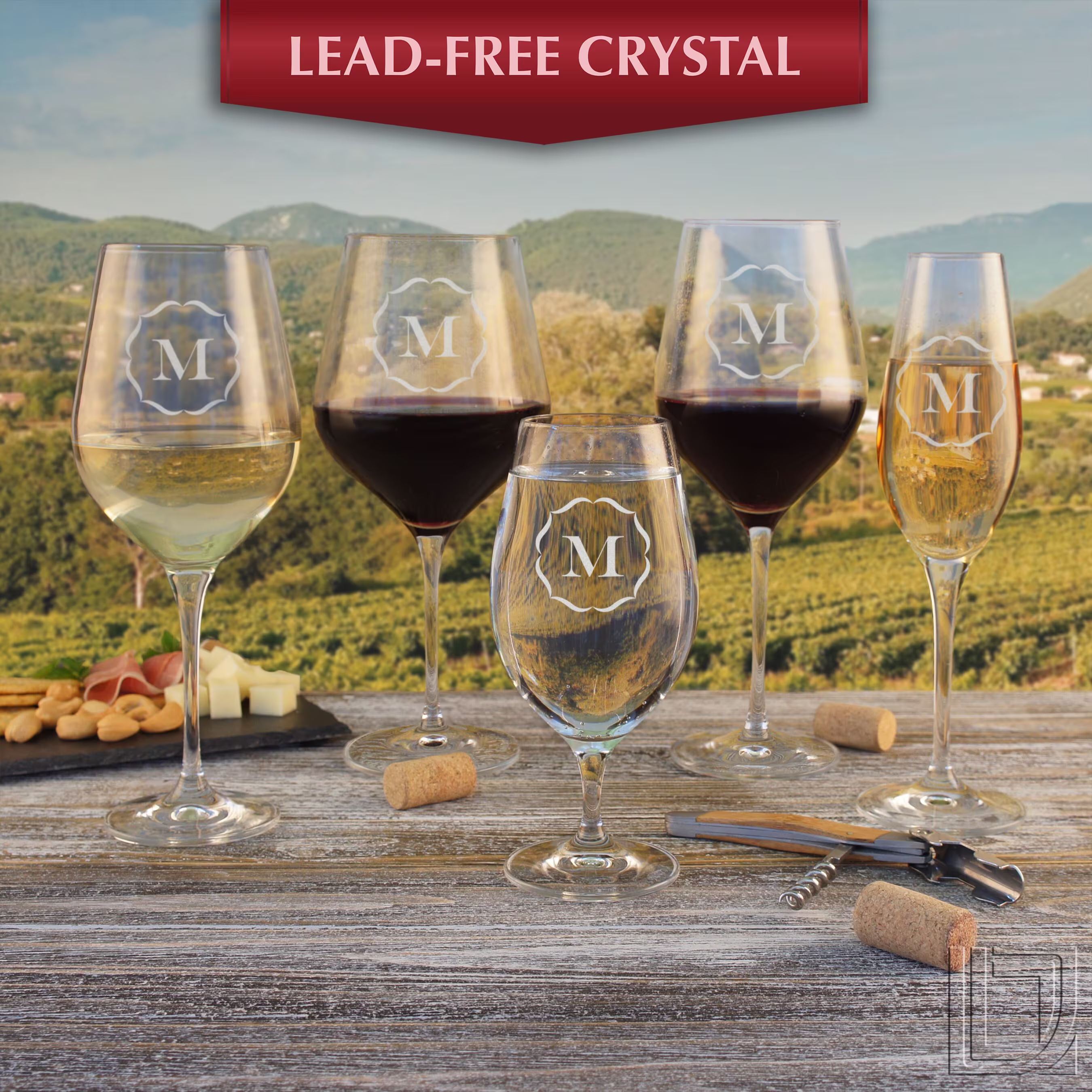 Personalized Crystal Stemware Flight Engraved With Monogram Design Options | 10-Piece Gift Set