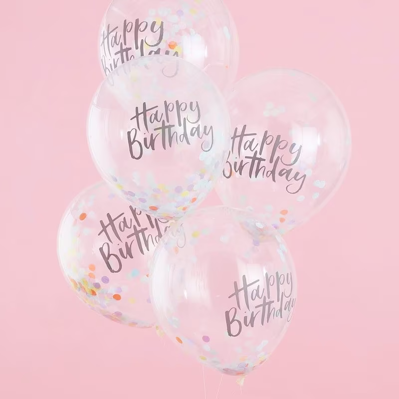 5 Happy Birthday Pastel Confetti Balloons, Girls Party Helium Decorations, Latex Balloons