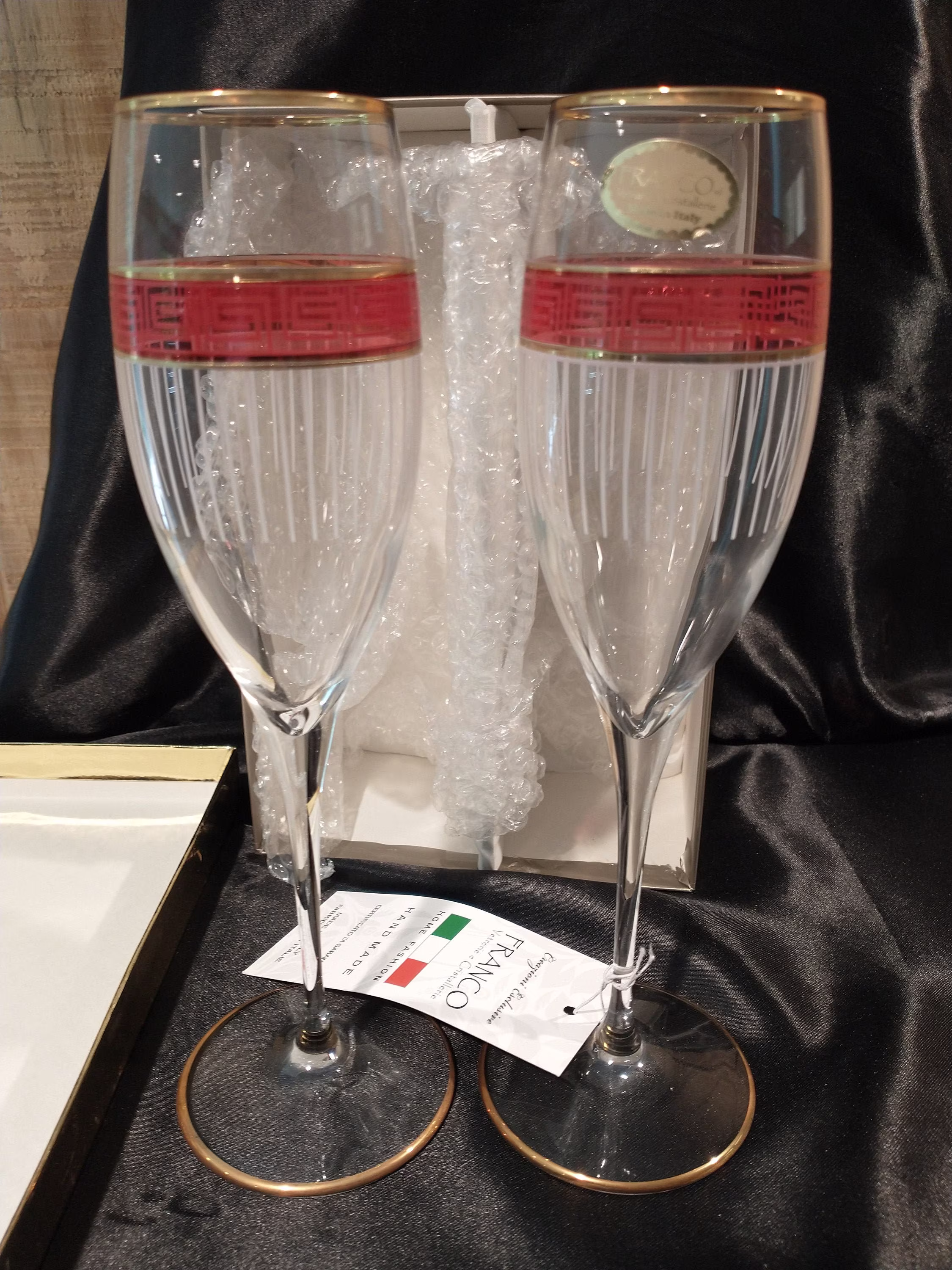 Franco | Italy Creazioni Esclusive Vetrerie E Cristallerie, Boxed Set Of 2, Champagne Flutes, 9 5/8