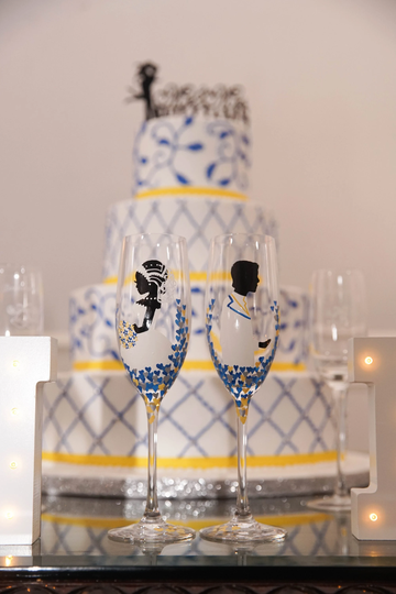 Hand Painted Wedding Toasting Flutes Set Of 2 Personalized Champagne Glasses Love in Blue Sky Blue, Yellow & White