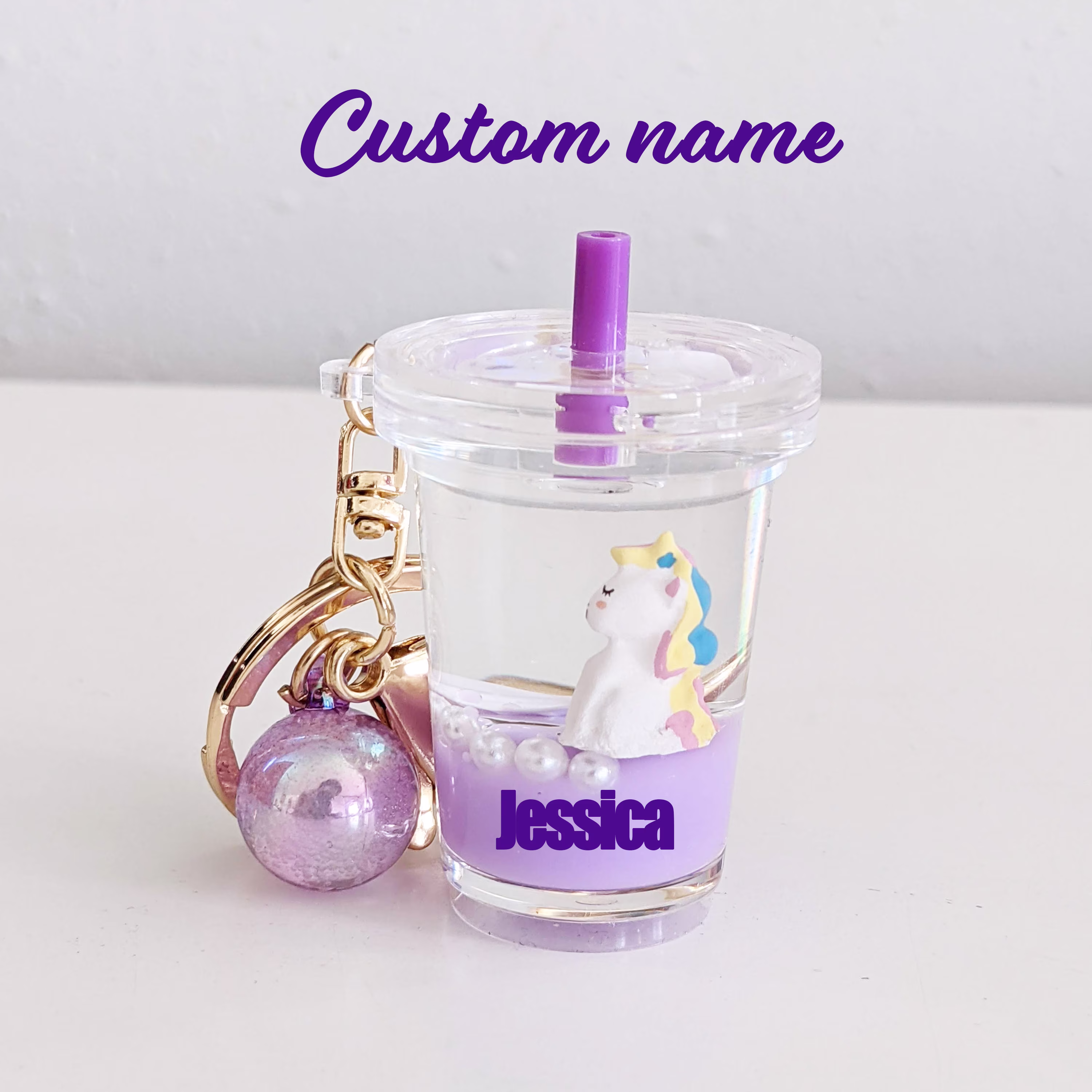 Unicorn Fidget Keychain Toy, Shaker Keyring, Personalized Bubble Tea Keychain, Resin Liquid Personalized Girls Birthday Gift, Name Gift