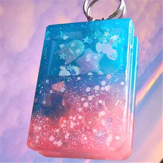 Gameboy Liquid Shaker Keyring | Blue & Pink Glittery