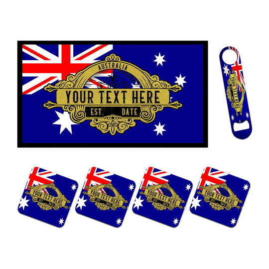Personalised Australia Flag Bar Runner Mat, Matching Bottle Opener & 4 X Coaster Beer Mats Set For Home Bars Man Cave Football Fans