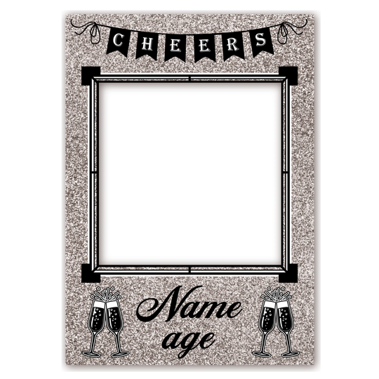 Personalised Selfie Frame 0032 Name Age Silver Glitter Effect Champagne Glass Selfie Frame Props Party Happy Birthday Decoration