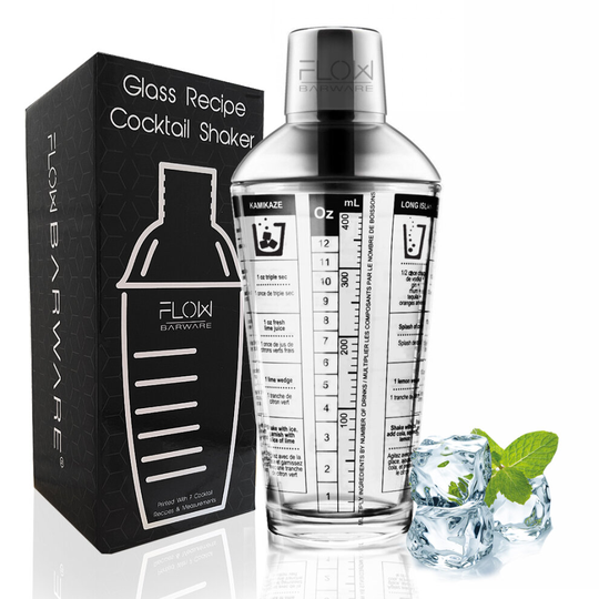 FLOW Glass Cocktail Shaker, Cocktail Making Set With Recipes On Side