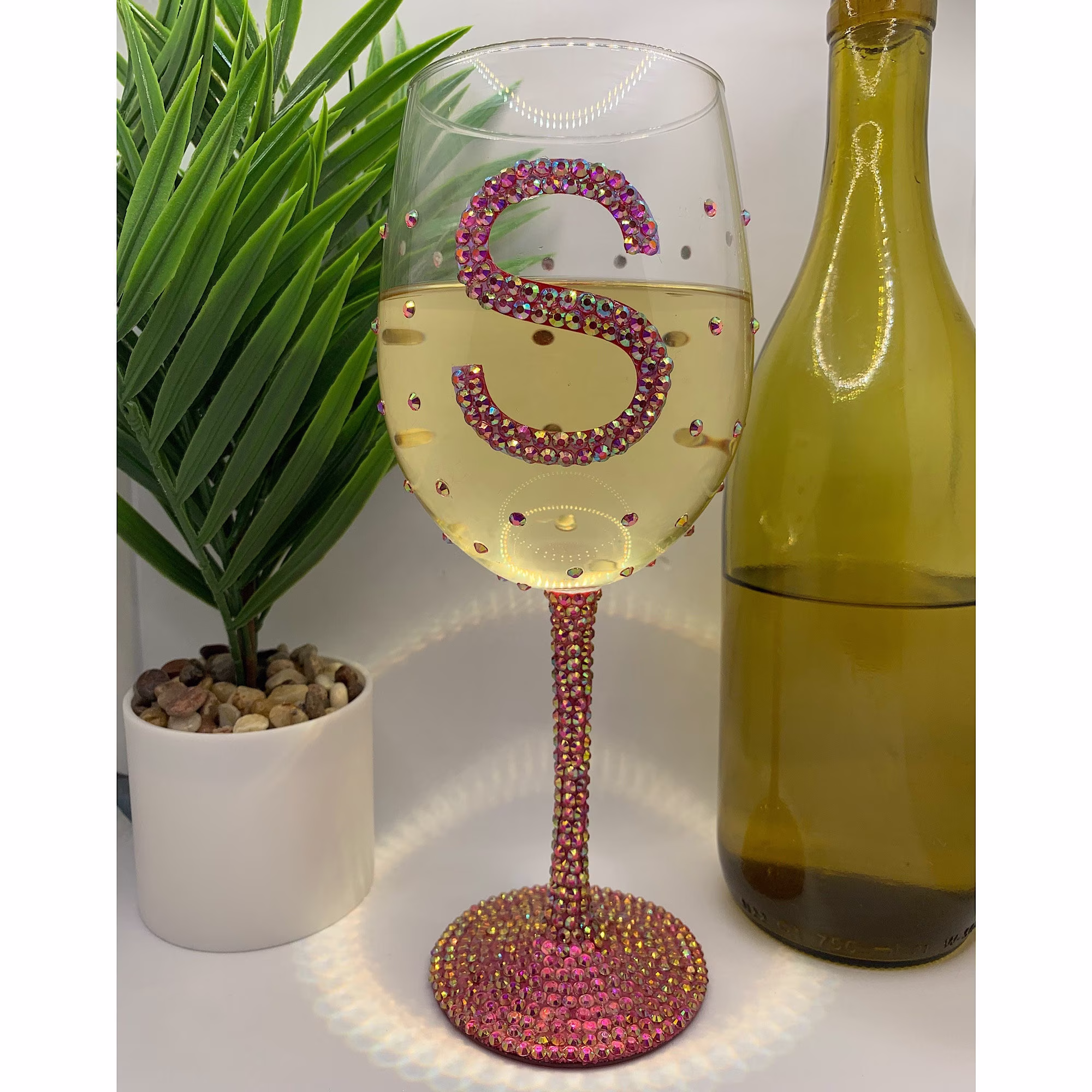 Pink Initial Wine Glass, Iridescent Custom Letter Monogram Personalized Christmas Gift