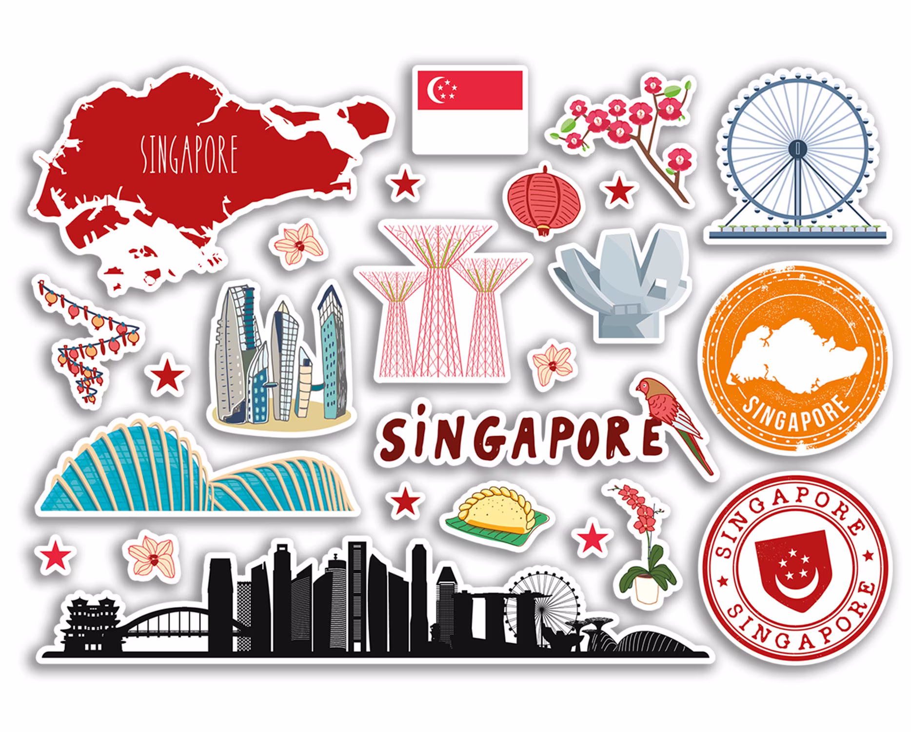 A5 Sticker Sheet Singapore Landmarks Vinyl Stickers - Country Beach Airport Stamps Skyline Scrapbooking Travel Holiday City Luggage #79118