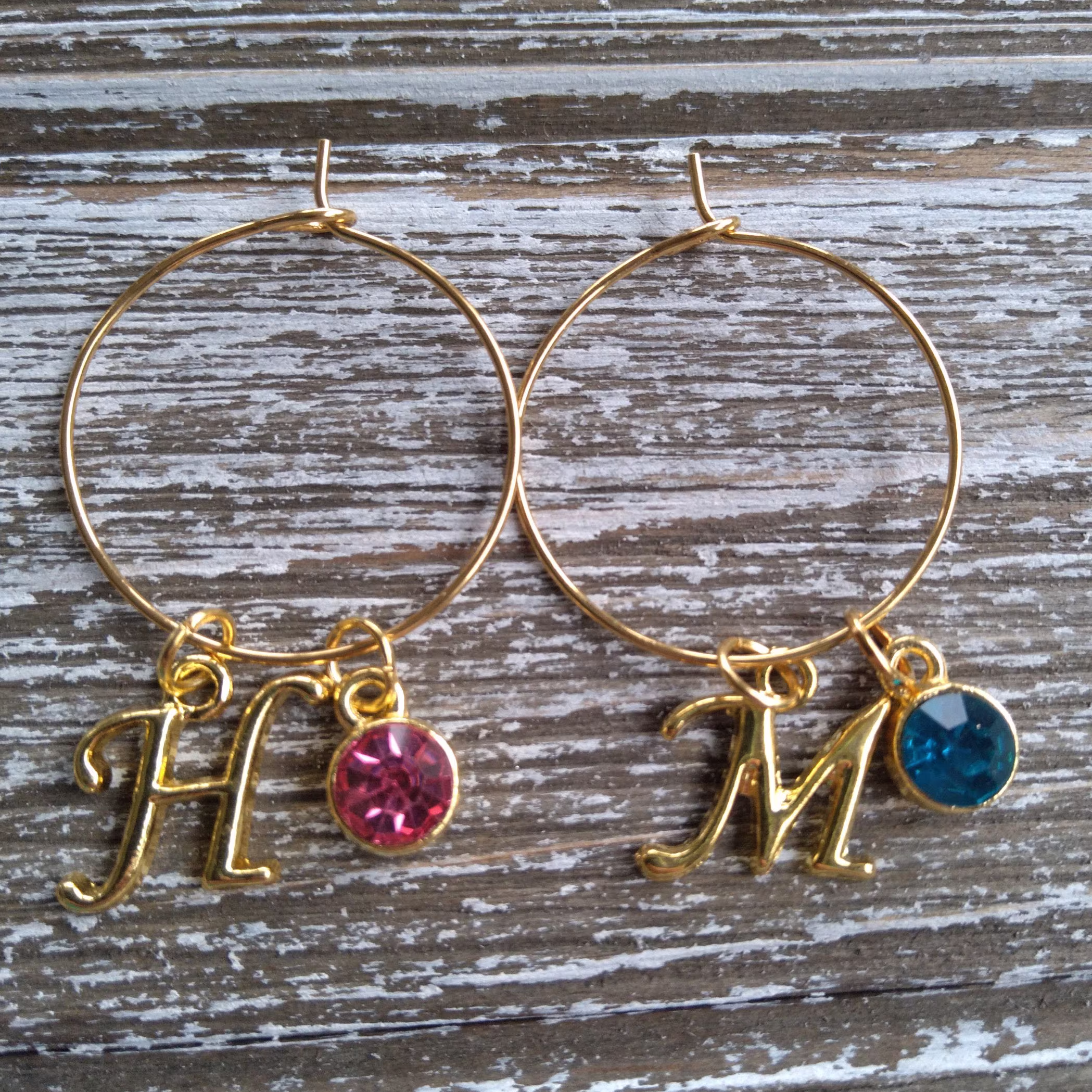 Personalized Letter Wine Charms; Custom Birthstone Rings; Gold Glass Markers; Wedding Party Favors; Bridal Shower Favors
