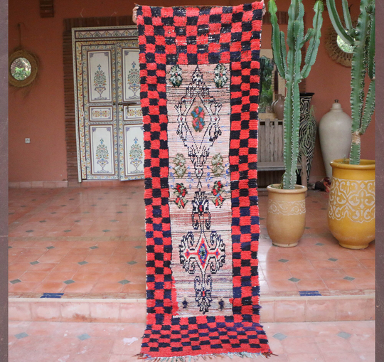 Narrow Runner Rug, Moroccan Checkered Vintage 3x8 Feet Rug