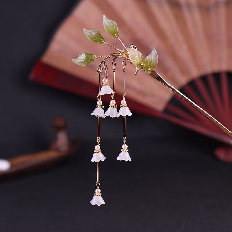White Hair Stick, Chinese Pin, Ancient Aaccessories, Flower Earrings Hairpin Suit, Step Shake Fork, Song Dynasty