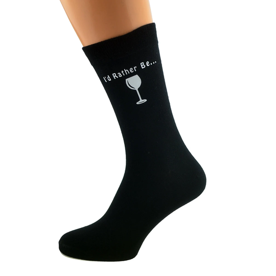 I'd Rather Be Drinking Wine With Glass Image Printed On Black Socks