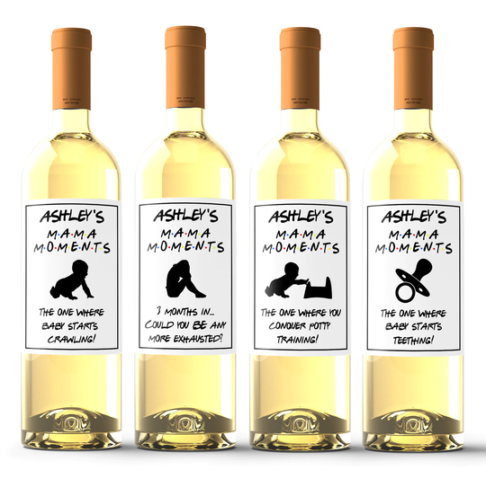 New Mom Gift Basket | 4 Custom Wine Labels - Hostess Baby Shower First Mothers Day