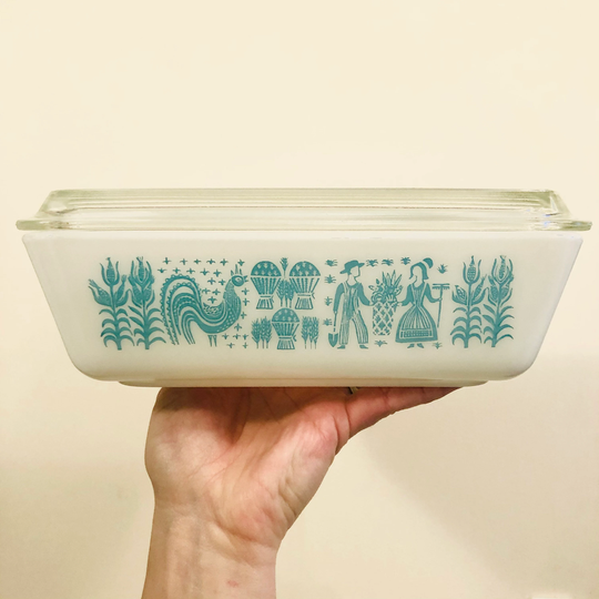 Large 0503 Pyrex Amish Print Butter Fridge Dishes Food Storage Turquoise Milk Glass Refrigerator Largest Base Dish With Lid