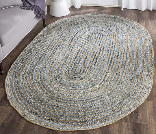 Hand Braided Denim Oval Jute Rug Handwoven Boho Area Rug For Bedroom & Living Room Christmas Decor Home Décor