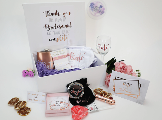 Bridesmaid Filled Gift Box, Personalised Proposal Thank You For Being My Bridesmaid, White & Rose Gold Box