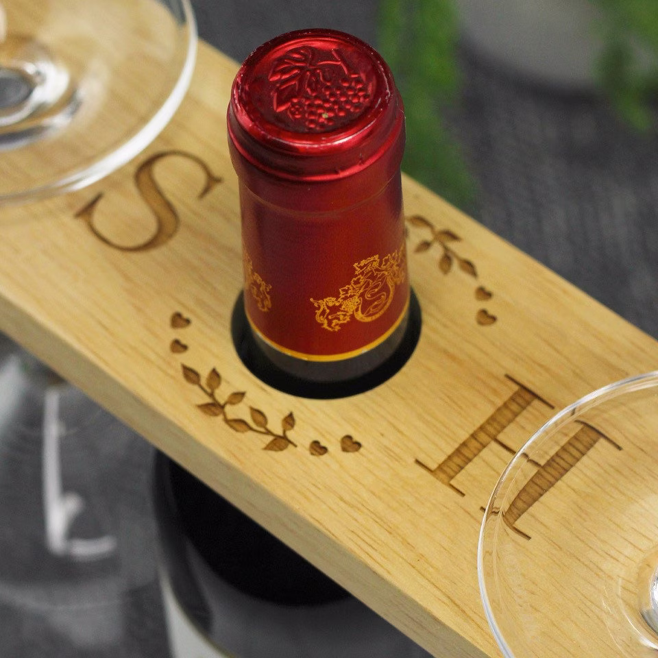 Personalised Wine Glass & Bottle Butler, Initials & Monogram Design, Engraved Wooden Holder, Mr Mrs 5Th Anniversary Gift Wood