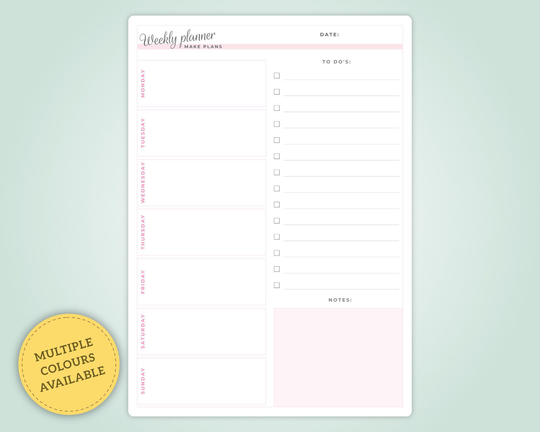 Personalised Dry Wipe Whiteboard Weekly Planner With To - Do List & Notes Section. Various Colours Available