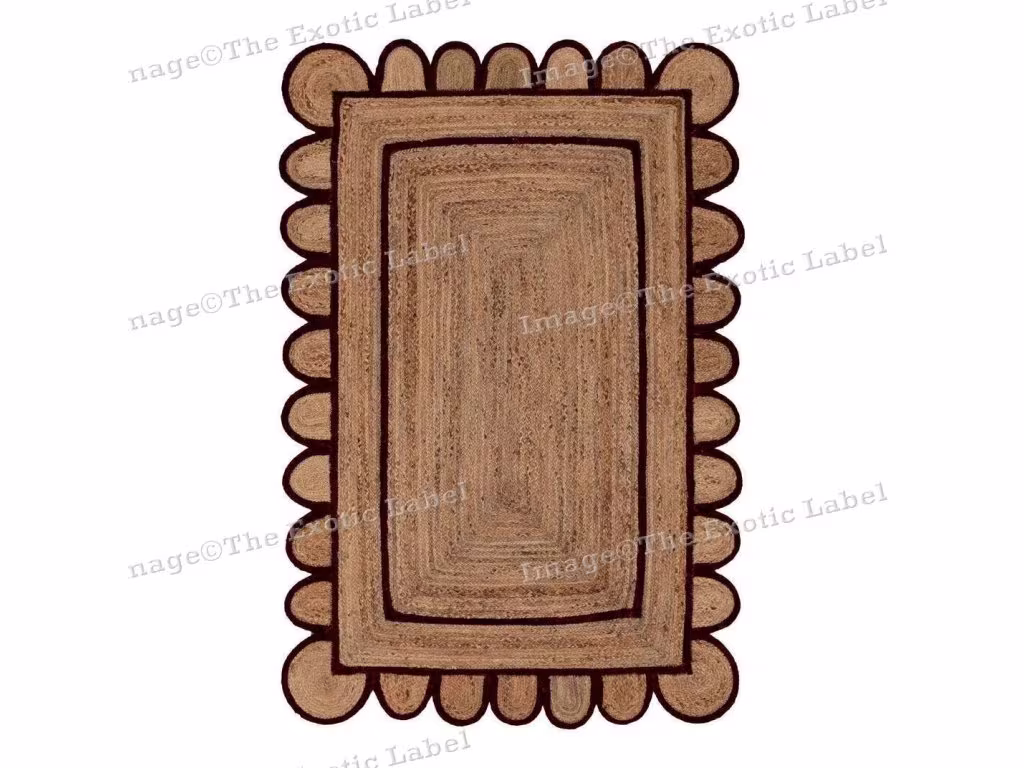 Scalloped Rug 6x9, 8x10, 9x12, 10x14 Ft. Jute Rug, Brown Trim Scallop Boho Decor Handmade Customize Any Size & Shape