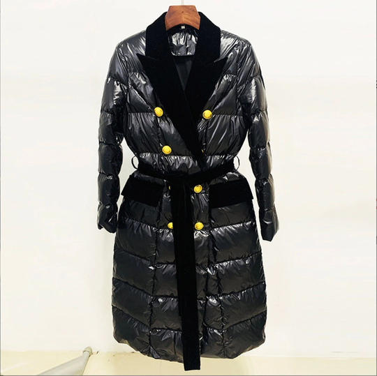 Women's Luxury V Neck Blazer Collar Down Feather Golden Buttons Belted Long Coat Black