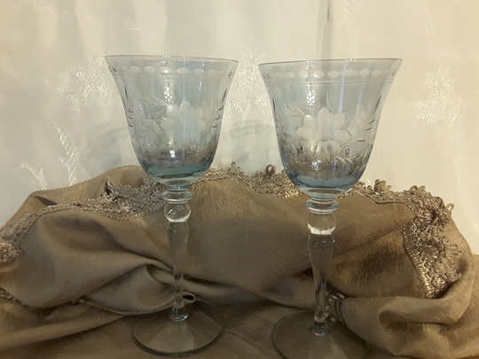Vintage Blue Wine Glasses; Etched