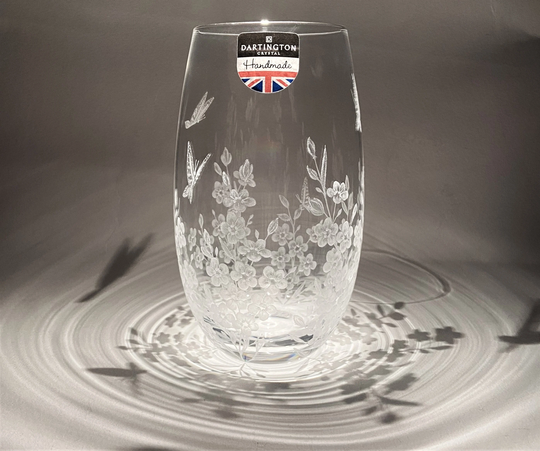 Forget Me Nots & Butterflies - Glass Engraved Vase Crystal Art Flowers Botanical