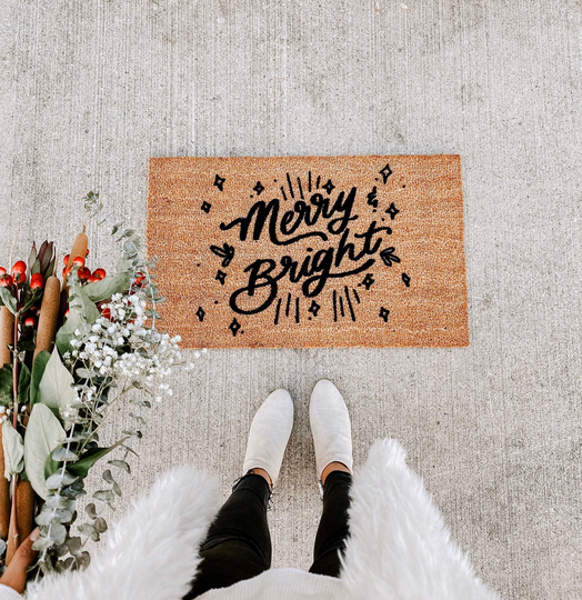 Merry + Bright Doormat | Christmas Decor Hello Welcome Mat Custom Cute Outdoor