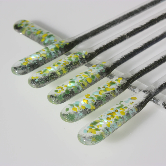 Set Of Six Turquoise, Green & Yellow Fused Glass Swizzle Sticks