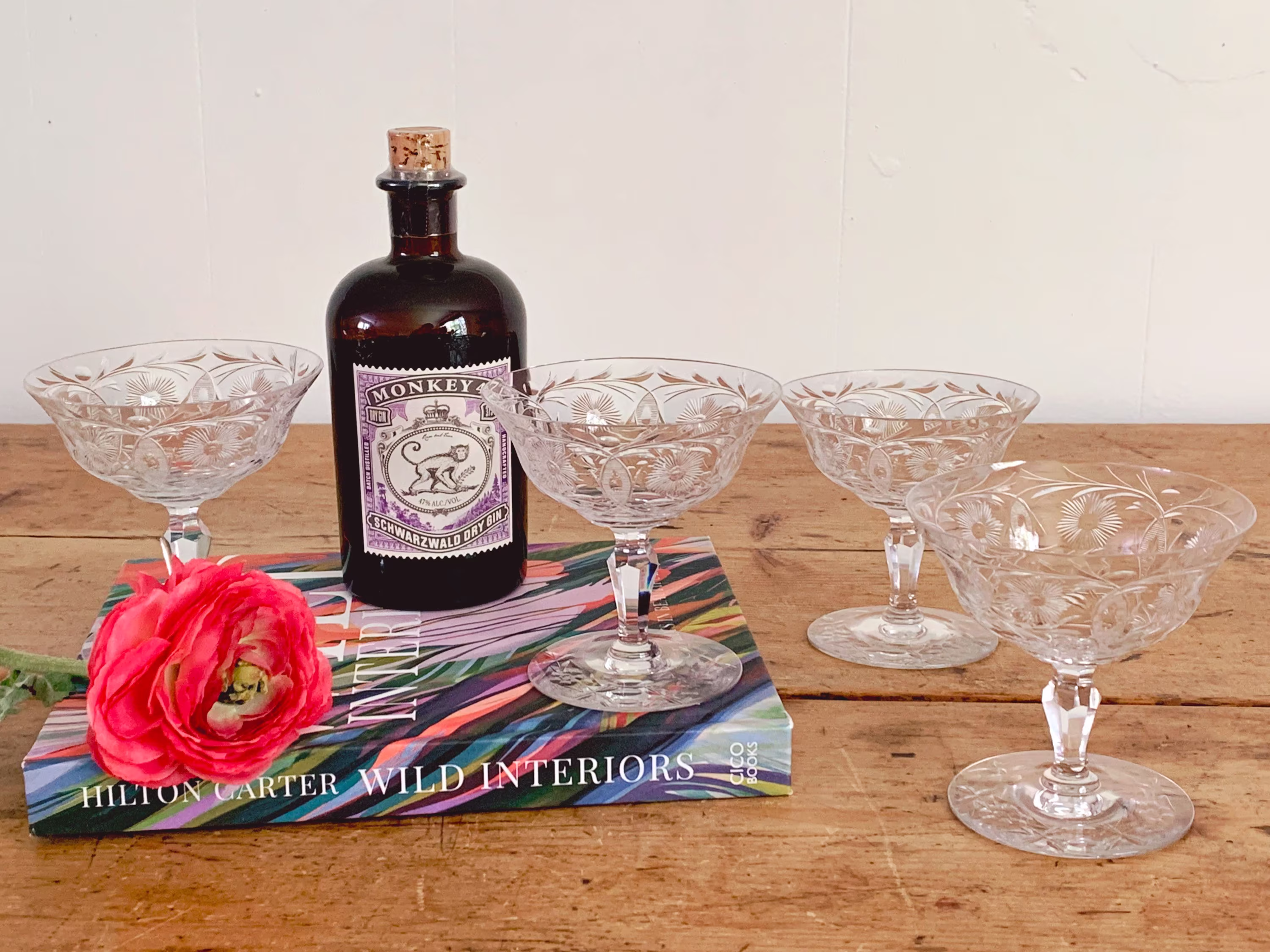 Vintage Etched Clear Crystal Champagne Coupe Glasses | Floral Pattern Craft Cocktail Barware in Set Of 2, 4, 6 Or 9