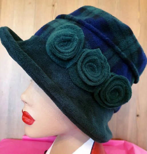 Dark Green & Tartan Fleece Hat-Polar Lining-Downton Abbey Hat-Womens Winter Hat-1930's-Ladies Hat