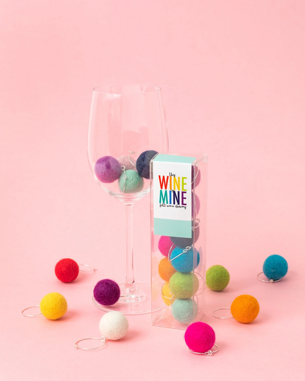 Rainbow Wine Charms, Felt Ball Party Glass Markers, Set Of 12, Hostess Gift, Lover Accessory, Cocktail