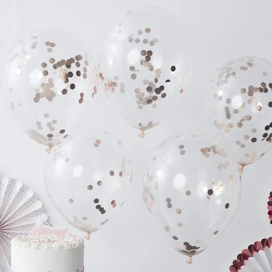 5 Rose Gold Confetti Balloons, Clear Neutral Baby Shower, Hen Party, Wedding Decor, Party Decorations, Shower New