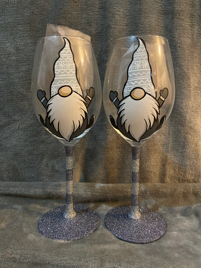 Grey Christmas Gonk Hand Painted Wine Glasses