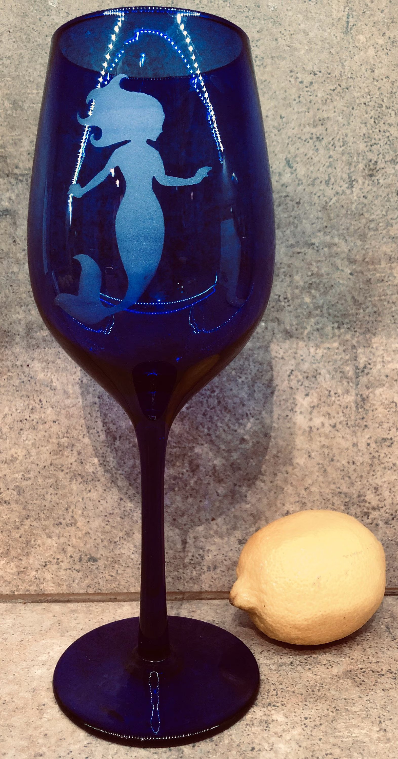 Vintage Cobalt Blue Mermaid Etched Wine Glass