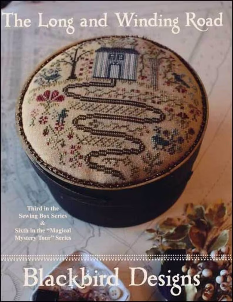Counted Cross Stitch Pattern, The Long & Winding Road, Sewing Box, Pincushion, Pin Cushion, Paper Mache, Blackbird Designs, Pattern Only