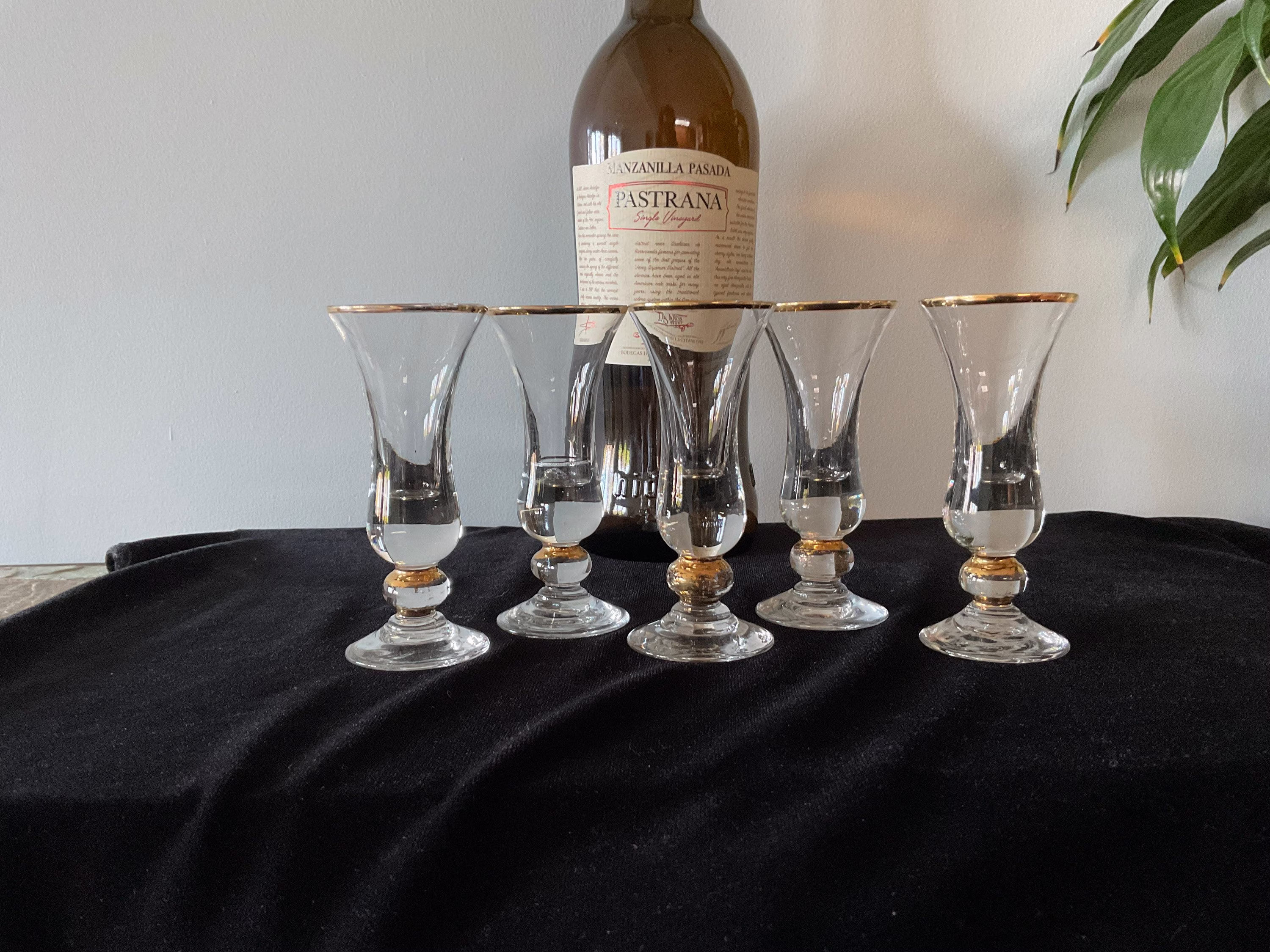 Liqueur Glasses, Vintage Liqueur Glass Set Of Five, Gilt Rims, Retro Vintage Sherry Or Port Housewarming Gift