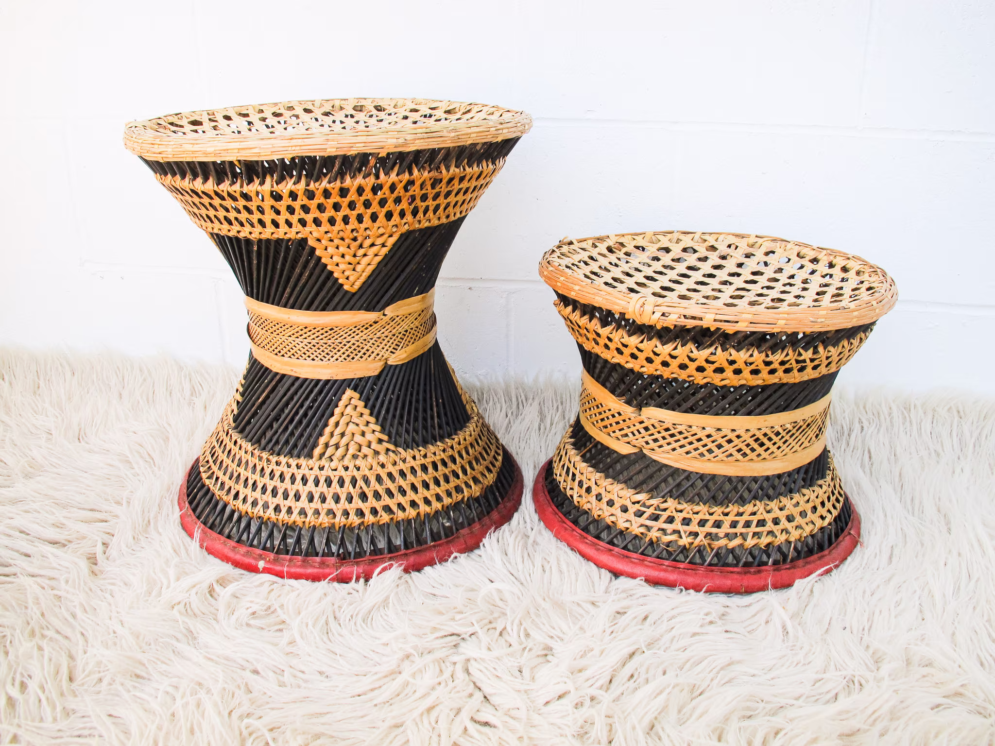 Wicker African Drum Stool With Red Leather Accents | 1 Left