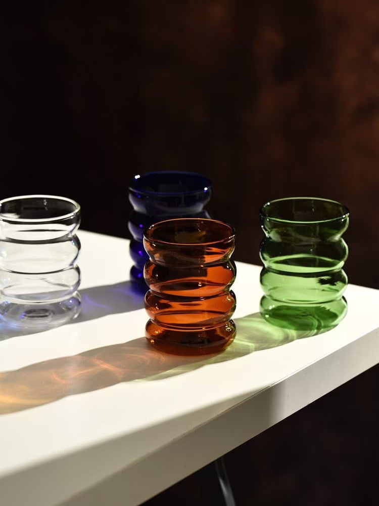 Set Of 2 - Hand Blown Colored Ripple Puffy Glass | Coffee Glassware Colorful Tea Cup Cocktail